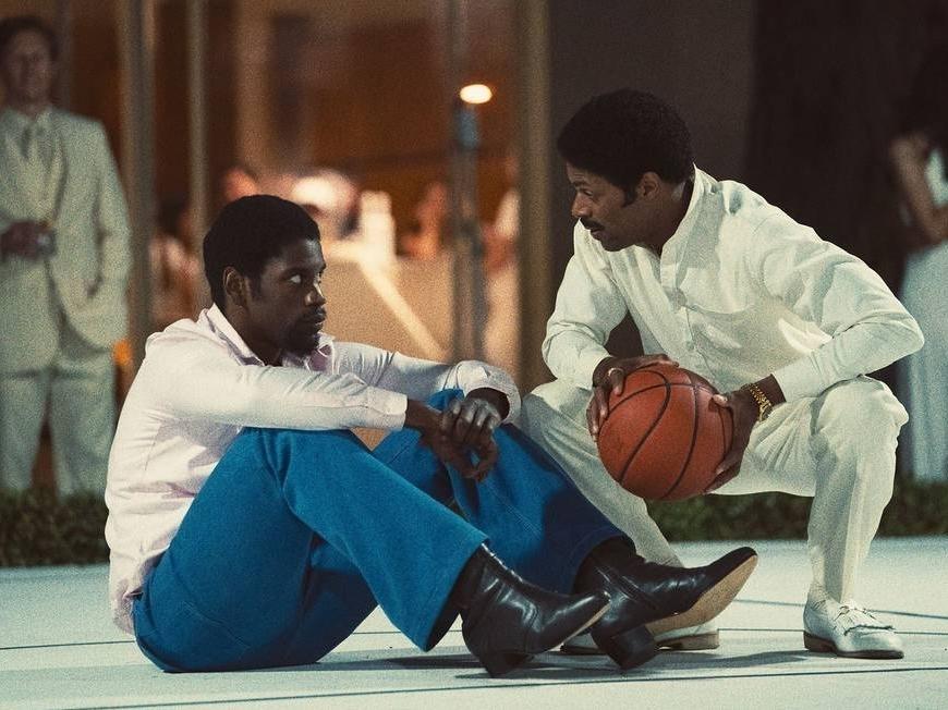 Quincy Isaiah and DeVaughn Nixon in <em>Winning Time: The Rise of the Lakers Dynasty.</em>