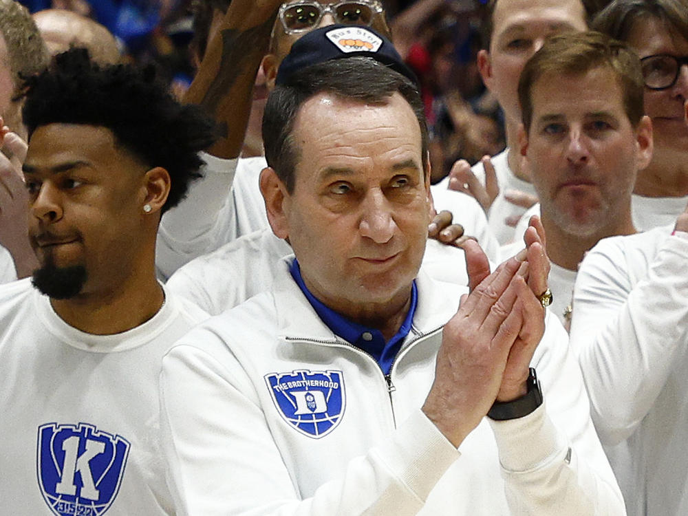 Coach Mike Krzyzewski of the Duke Blue Devils looks on as he is recognized before Saturday's game against the North Carolina Tar Heels. It was his last home game before his retirement.