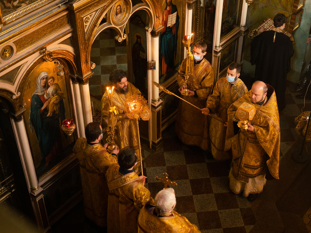 Services at Church of St. George on Sunday in Lviv, Ukraine.