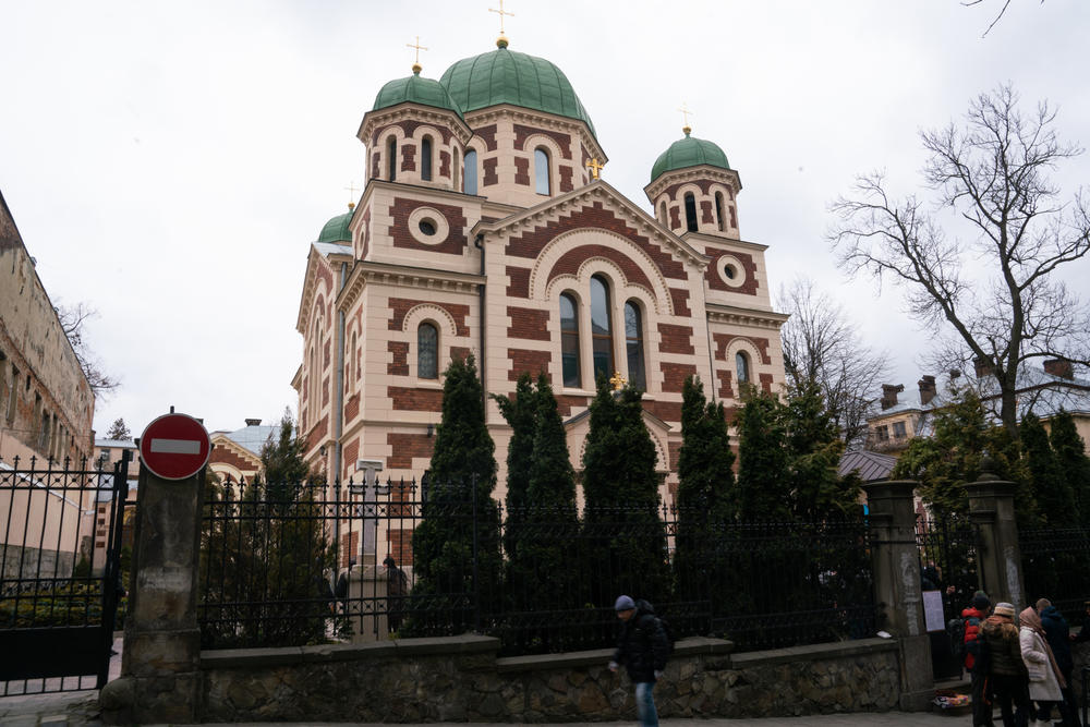 On the day of the invasion, the Church of St. George, in western Ukraine, posted a sign on its front gate condemning Russia.