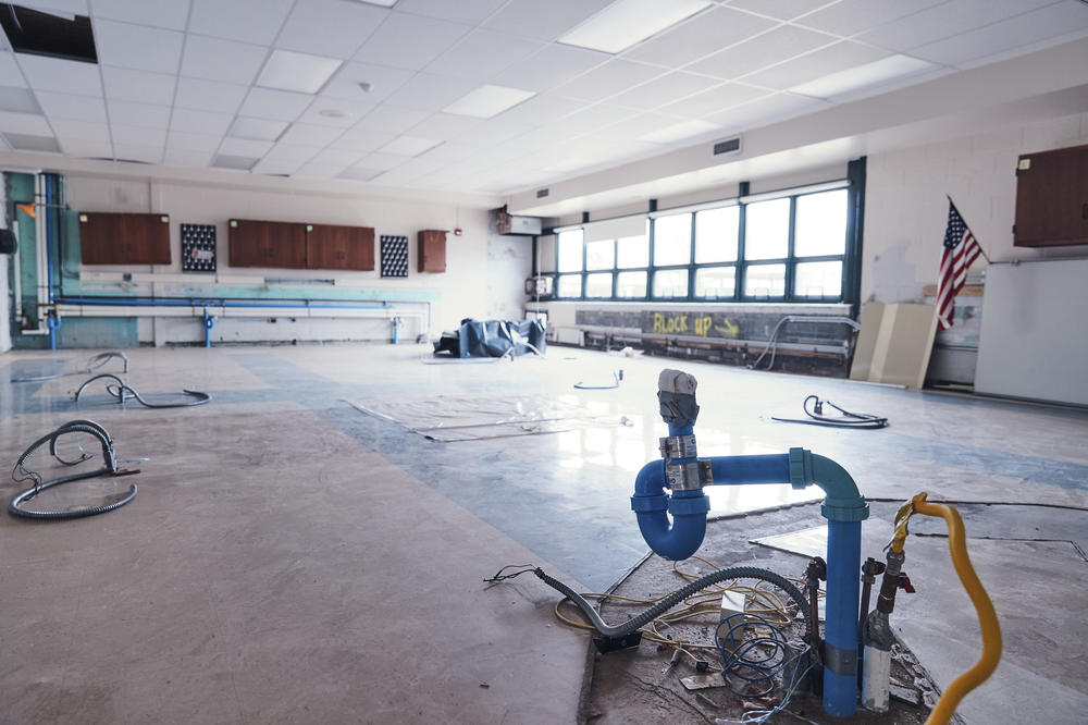 A Cresskill classroom sits awaiting repair. The day after the storm, Superintendent Burke surveyed the damage: The auditorium, classrooms, office and boiler room had all been flooded. The school's custodian, Giuseppe Martino, was trapped in the gym overnight because it was the only room above water.