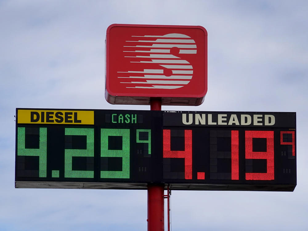 Gas prices are displayed on a sign at a gas station on March 3, 2022 in Hampshire, Il.