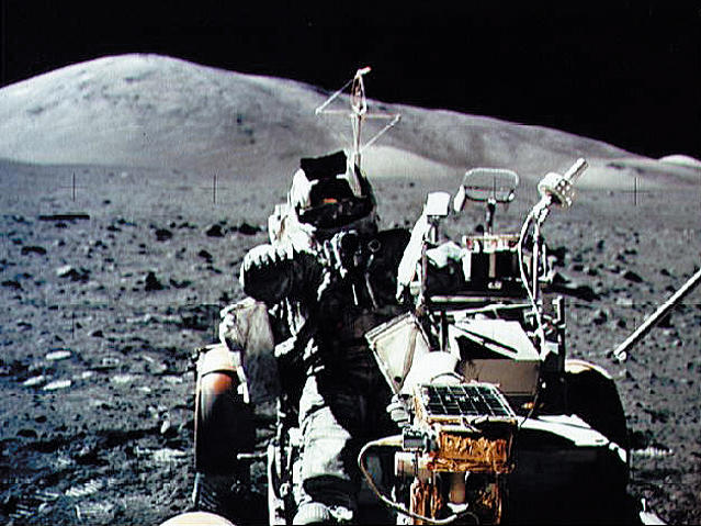 Astronaut and geologist Harrison Schmitt is seen in the Lunar Roving Vehicle during NASA's Apollo 17 mission on Dec. 13, 1972. A lunar soil sample collected on the mission has remained sealed until now.