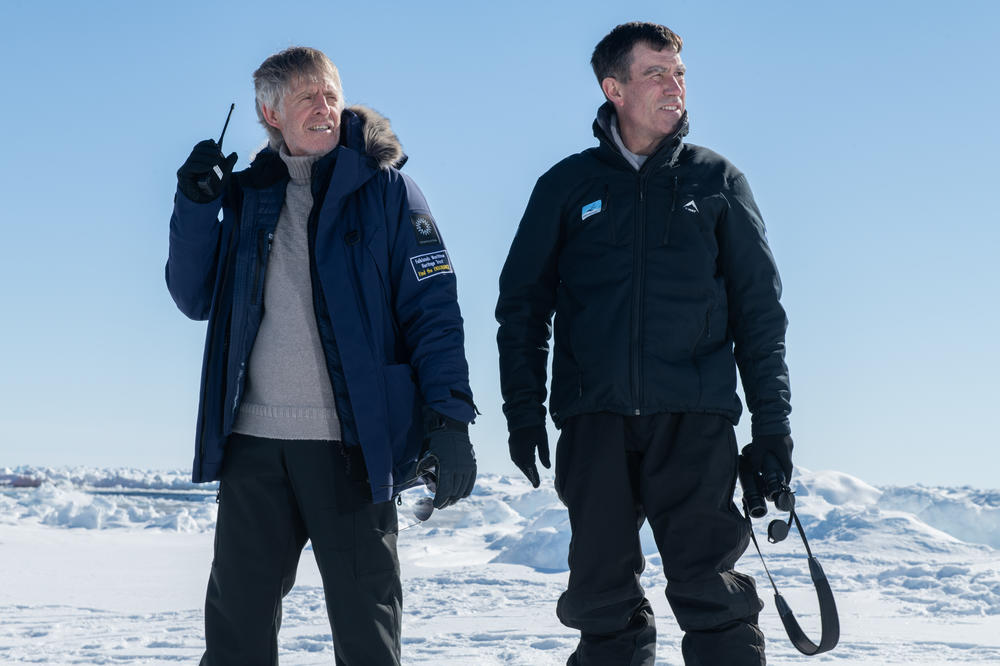 Mensun Bound (left), director of exploration for the Endurance22 expedition, and John Shears, expedition leader, stand on the ice of the Weddell Sea.