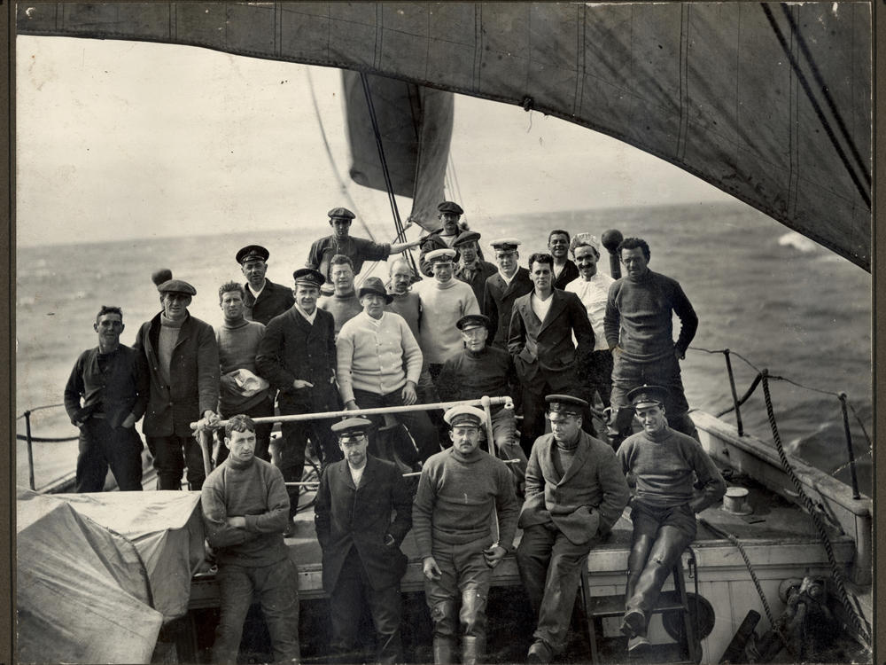 The crew of the Endurance poses on the ship's deck on Feb. 7, 1915.