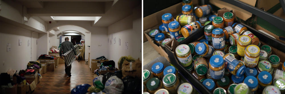 Left: A man walks with a ladder down a hallway piled with donations. Right: Donated baby food is piled in a box.