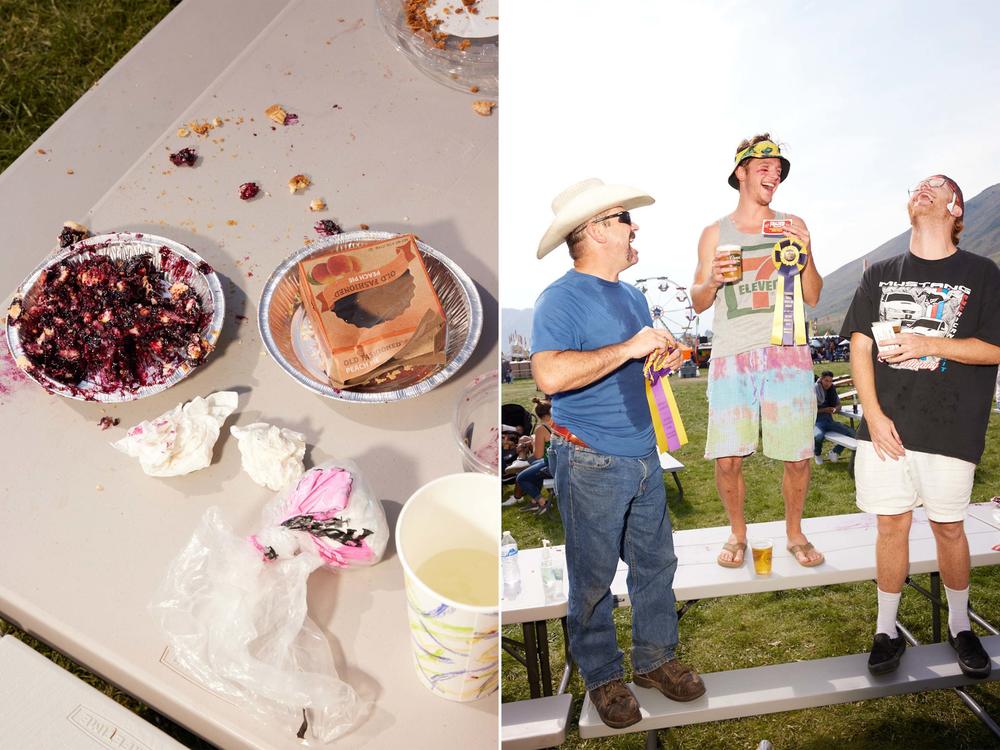 Winners celebrate after the Teton County Fair's pie-eating contest in Jackson, Wyo., on Aug. 1, 2021.