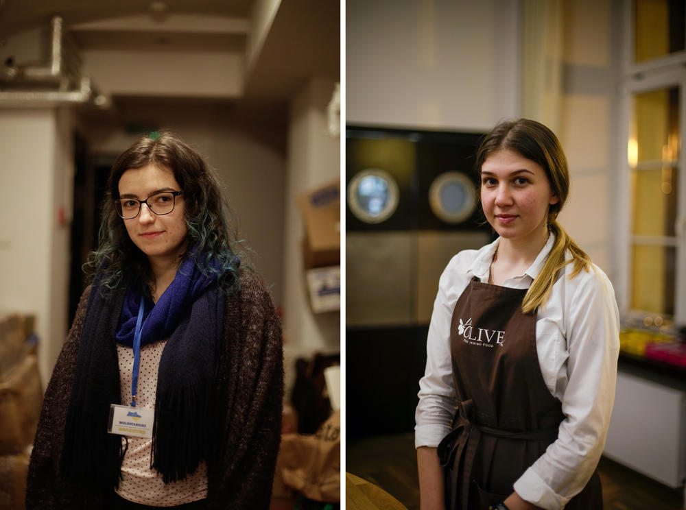 Left: Agnieszka Litman a volunteer, surrounded by piles of clothing stacked five feet high on the tables around her. Right: Anastasia Borets, a student from Ukraine who works in the hotel.