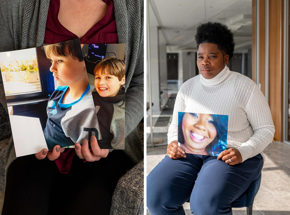 Kara Trainor holds up photographs of her son, Riley Brucato, 11. Riley was born with neonatal abstinence syndrome due to her dependency on opioids. Tiffinee Scott holds a photograph of her daughter, Tiarra Renee Brown-Lewis who she lost to opioid addiction.