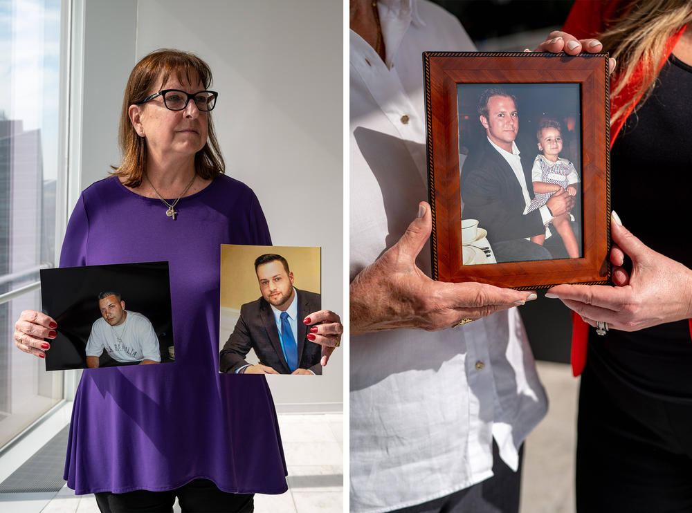 Cheryl Juaire holds photographs of her sons, Corey Merrill and Sean Merrill who she lost to addiction and overdose. Linda Zebrowski and her daughter, Jill Cichowicz hold a photograph of Ms. Zebrowski's son and Ms. Cichowicz' twin brother, Scott Zebrowski who also passed away from opioid addiction.