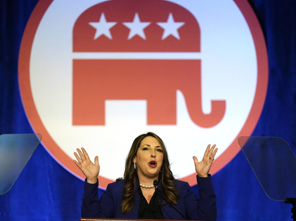 Ronna McDaniel, chairwoman of the Republican National Committee, speaks during the RNC's winter meeting on Feb. 4 in Salt Lake City. The RNC has sued the House committee investigating the Jan. 6 Capitol attack over a subpoena of Salesforce.