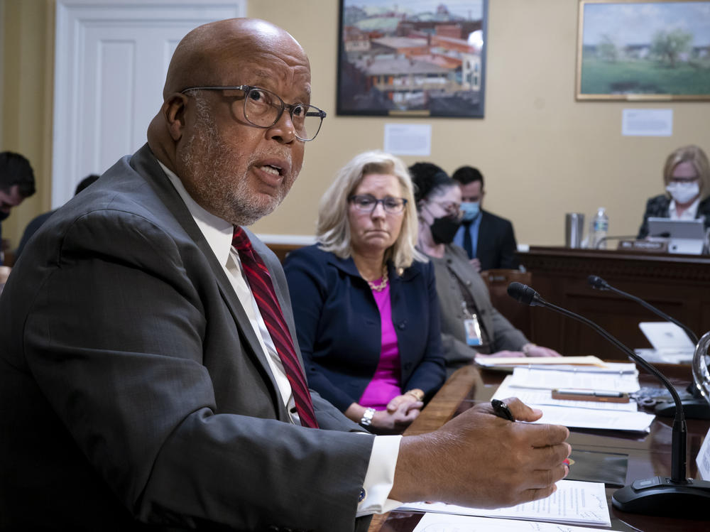 Rep. Bennie Thompson, D-Miss., chair of the House panel investigating the Jan. 6 Capitol insurrection, and the panel's vice chair, Rep. Liz Cheney, R-Wyo., testify before the House Rules Committee on Dec. 14, 2021. Their panel is looking into who funded the events that preceded the deadly attack.