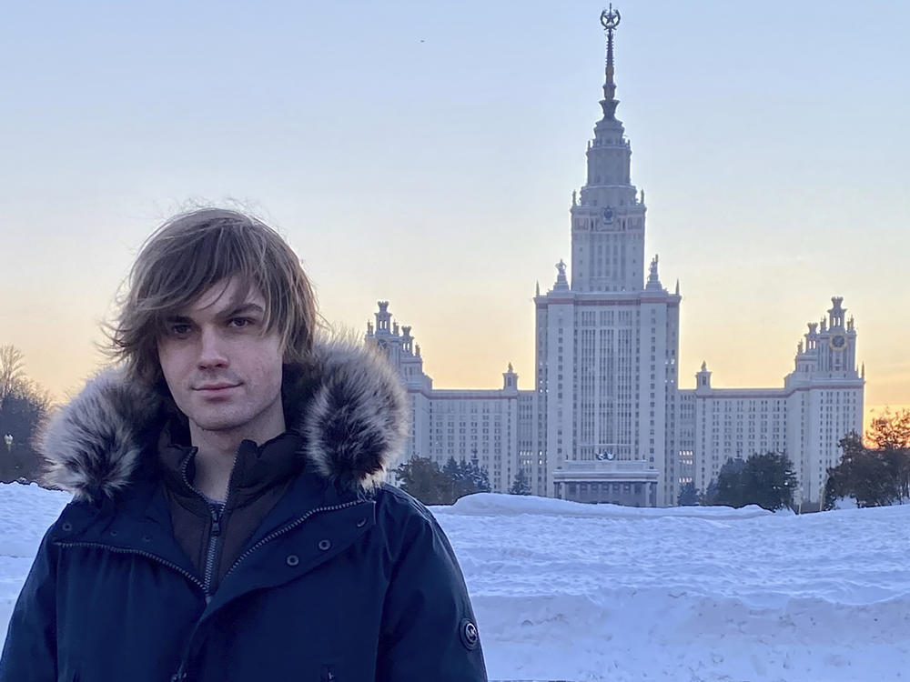 Middlebury College in Vermont suspended a study abroad program in Russia at the end of February citing safety concerns, urging the 12 students to return home. Among them was Zavier Ridgley, who was studying in Moscow when he was told to book a flight home quickly. Here, he stands for a self-portrait in front of Moscow State University in January.