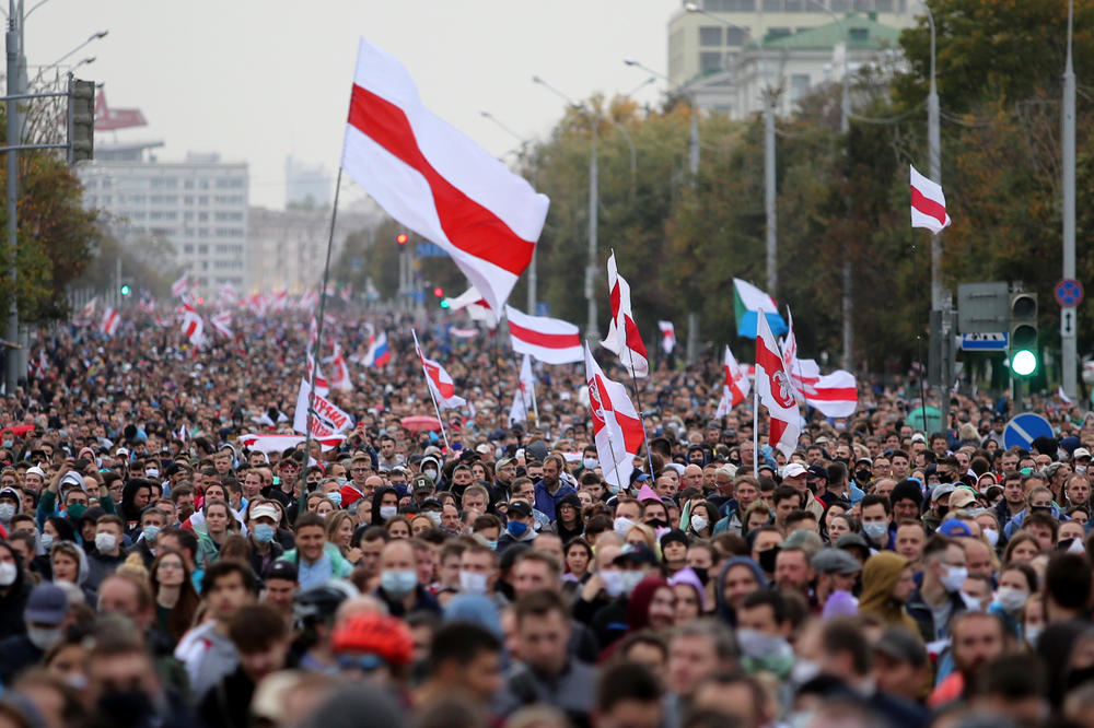 A September 2020 photo of demonstrators in Minsk protesting Belarus's disputed presidential election.