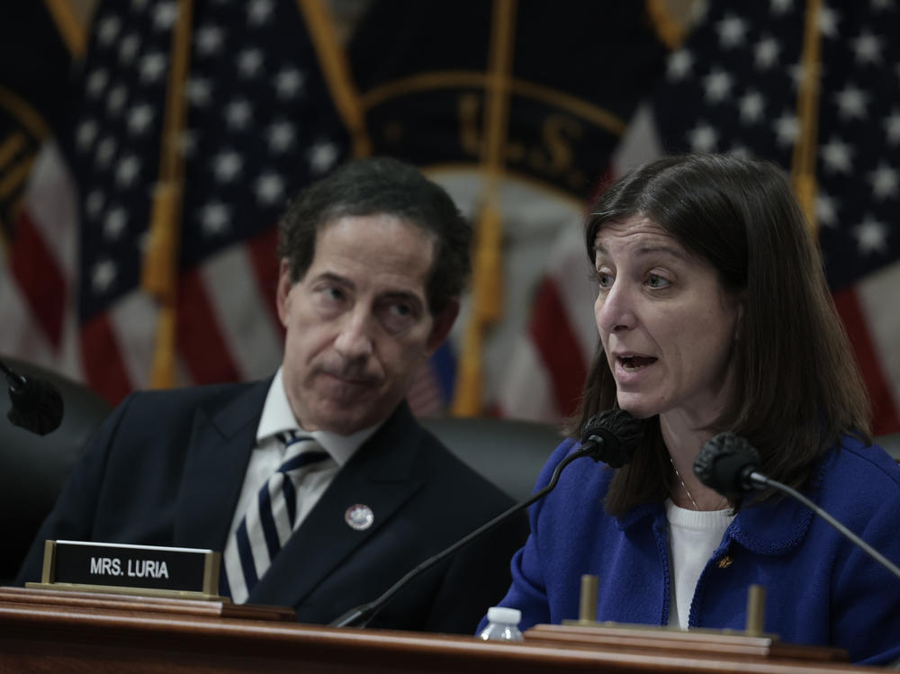 Rep. Jamie Raskin, D-Md., listens as Rep. Elaine Luria, D-Va., speaks during a meeting on Dec. 13, 2021, with the committee investigating the Jan. 6 Capitol attack. The committee is looking into who funded the rally and other events preceding the deadly attack.