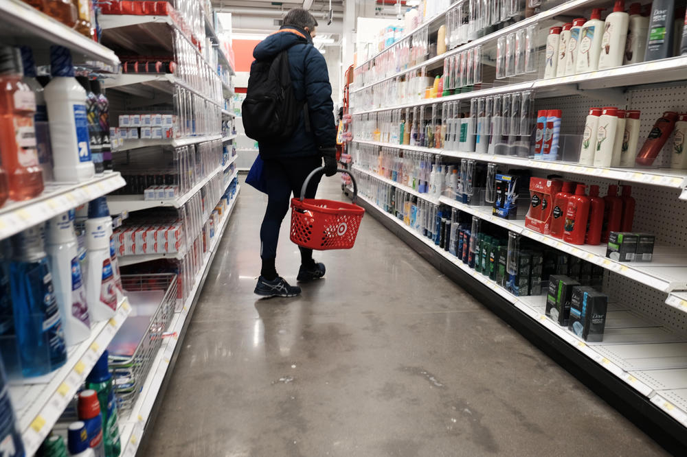 People shop for groceries in a Manhattan store on Jan. 12, 2022 in New York City. Newly released data show that inflation reached a four-decade high in February. Surging prices are adding to American's financial stress.
