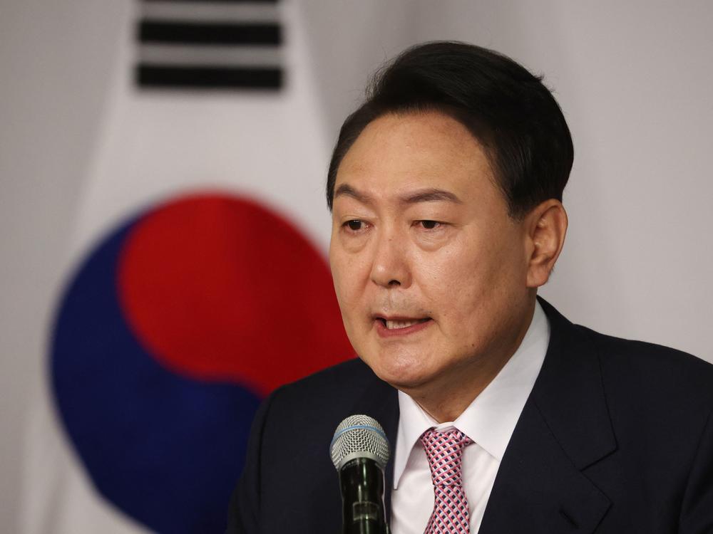 South Korea's president-elect Yoon Suk Yeol speaks during a news conference at the National Assembly in Seoul on Thursday, the morning after his victory in the country's presidential election.