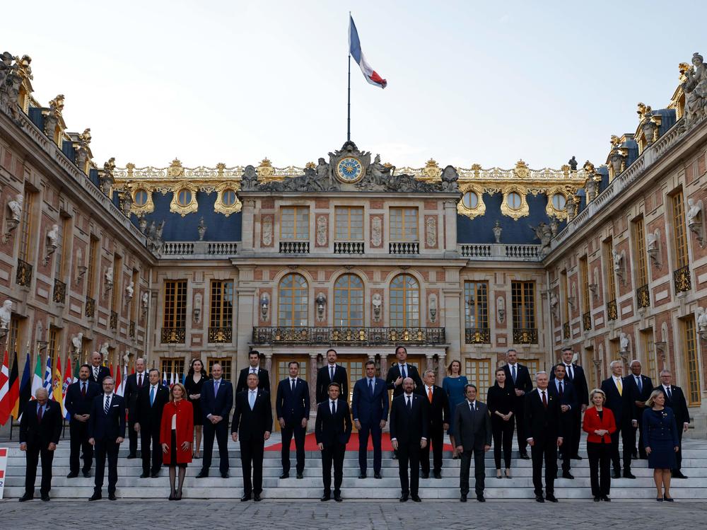 EU leaders pose for a photograph at the Palace of Versailles near Paris on Thursday ahead of their summit to discuss the fallout of Russia's invasion in Ukraine.