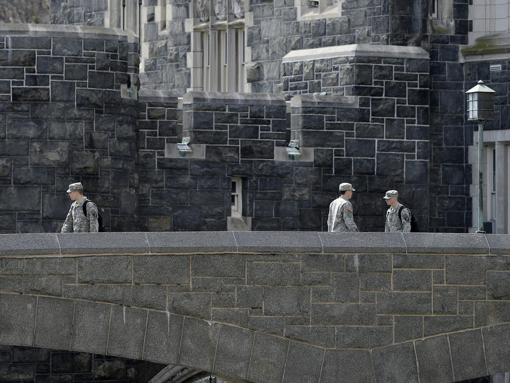 West Point cadets walk on campus at the United States Military Academy in West Point, N.Y.