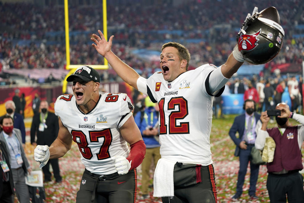 Tampa Bay Buccaneers tight end Rob Gronkowski, left, and quarterback Tom Brady celebrate after the NFL Super Bowl 55 football game against the Kansas City Chiefs in Tampa, Fla., in 2021.