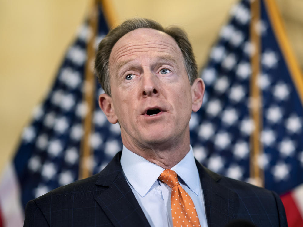 Sen. Pat Toomey, the ranking member of the Senate Banking Committee, addresses reporters on Feb. 15. That day, the committee's Republicans, led by Toomey, boycotted a panel vote on President Biden's nominees for the Federal Reserve.