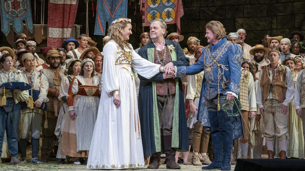 From left: Lise Davidsen as Eva, Michael Volle as Hans Sachs and Klaus Florian Vogt as Walther, photographed during a dress rehearsal of Wagners' <em>Die Meistersinger von Nürnberg</em> at the Met Opera on Oct. 19, 2021.