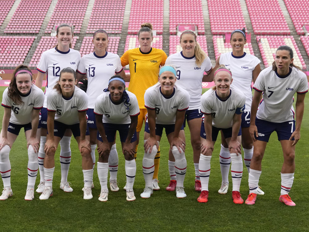 On Tuesday, members of of the U.S. National Women's Soccer team, pictured at the 2020 Tokyo Summer Olympics, marked Equity Pay Day in a panel discussion with Vice President Kamala Harris.