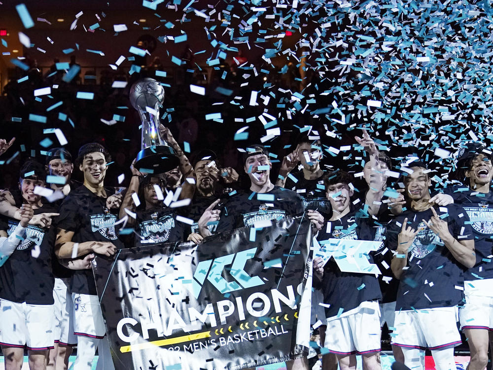 Gonzaga players celebrate after defeating Saint Mary's in an NCAA college basketball championship game at the West Coast Conference tournament on March 8 in Las Vegas.