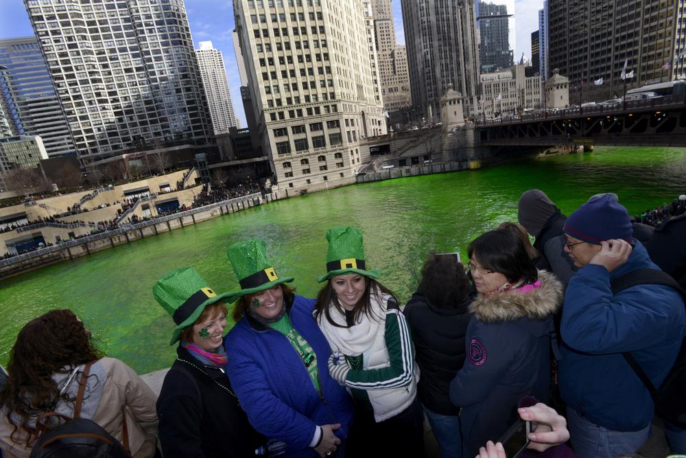 The Chicago River is dyed green ahead of the St. Patrick's Day parade on March 15, 2014.