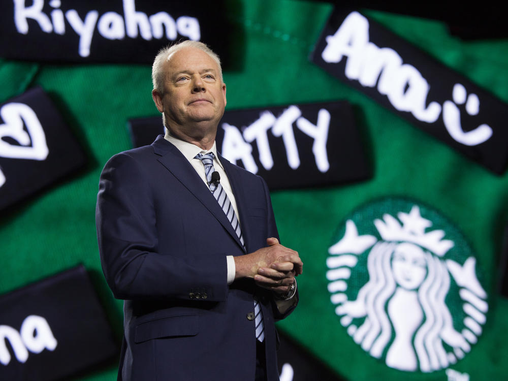 Starbucks President and Chief Executive Officer Kevin Johnson speaks at the Annual Meeting of Shareholders in Seattle, Washington on March 20, 2019. The company announced his departure just hours before the 2022 shareholders meeting.