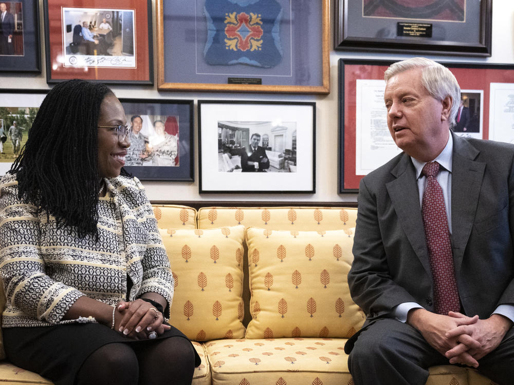 Supreme Court nominee Ketanji Brown Jackson meets with Sen. Lindsey Graham, R-S.C., on March 15.