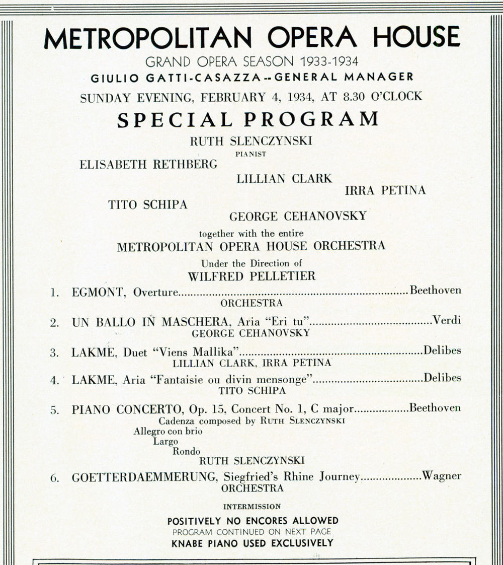 Program for nine-year-old Ruth Slenczynska's performance at the Metropolitan Opera, where she played Beethoven's Piano Concerto No. 1 with her own cadenzas.