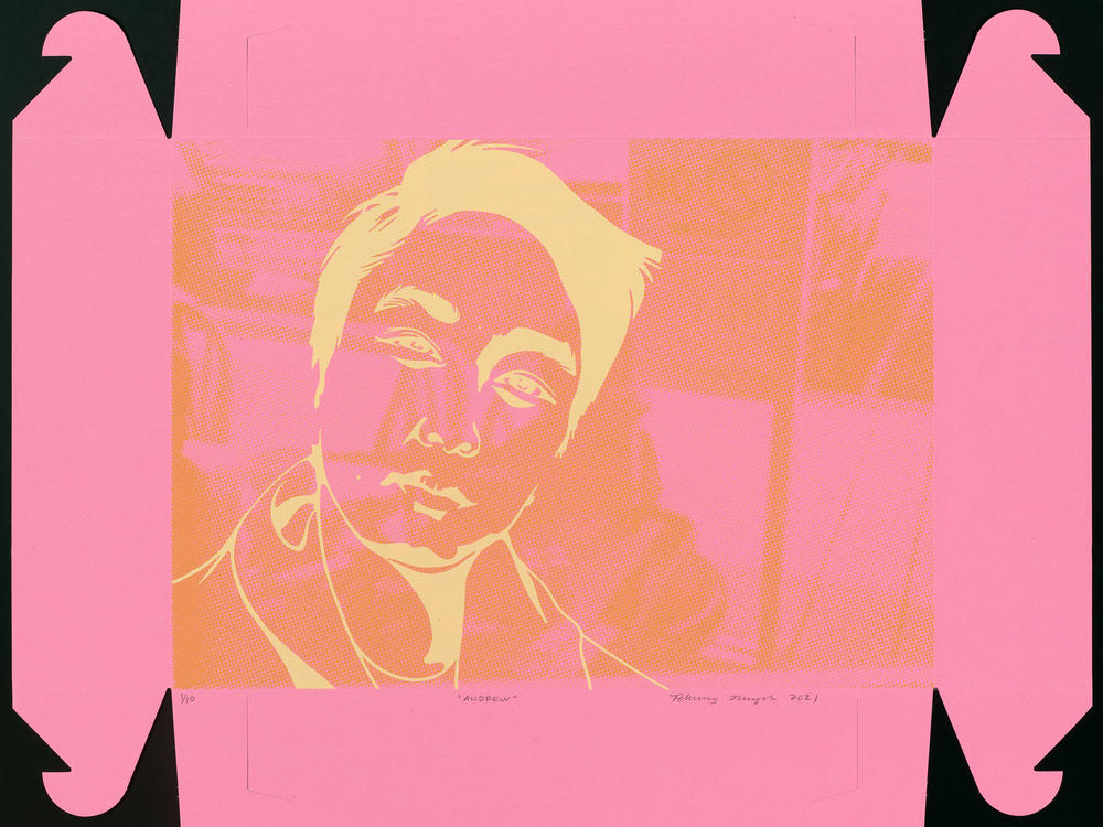 Rapper Andrew Hean, whose family owned a donut shop in California, is pictured in a silkscreen print on a donut box by artist Phung Huynh.