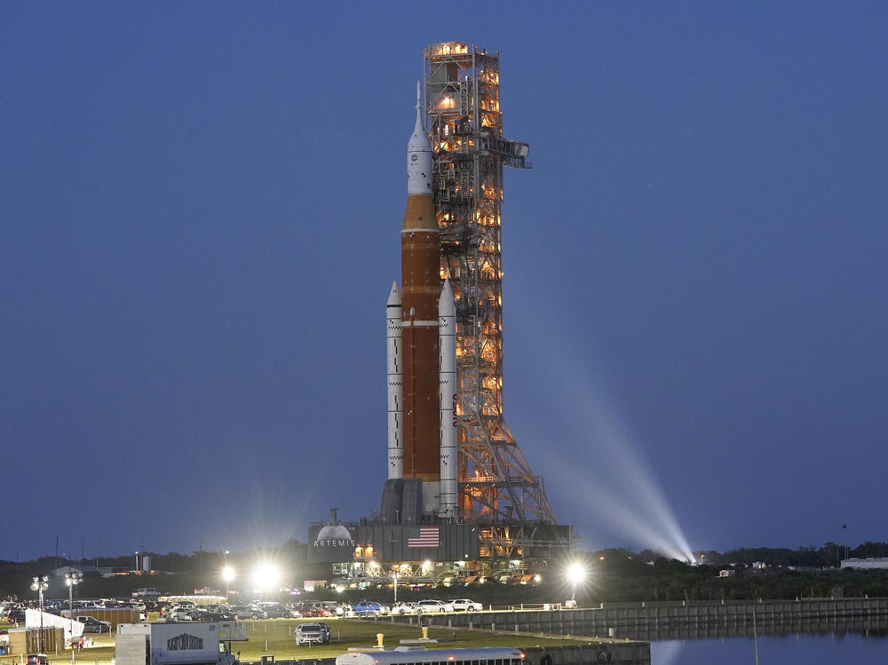 The NASA Artemis 1 rocket with the Orion spacecraft aboard moves slowly on an 11 hour journey to a launch pad at the Kennedy Space Center in Cape Canaveral, Fla., on Thursday, March 17, 2022.