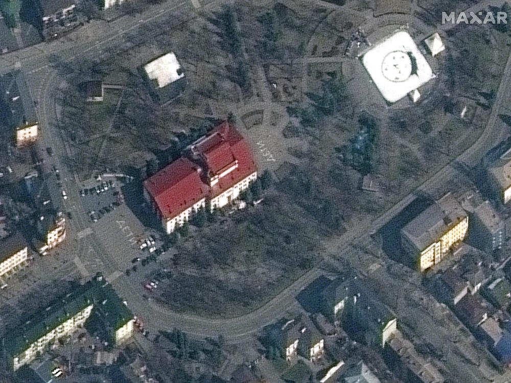 A satellite of the Mariupol theater from Monday, before it was bombed. The word 