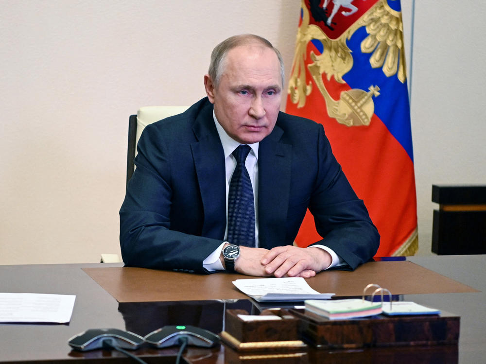 Russian President Vladimir Putin chairs a Security Council meeting via teleconference call on March 3.