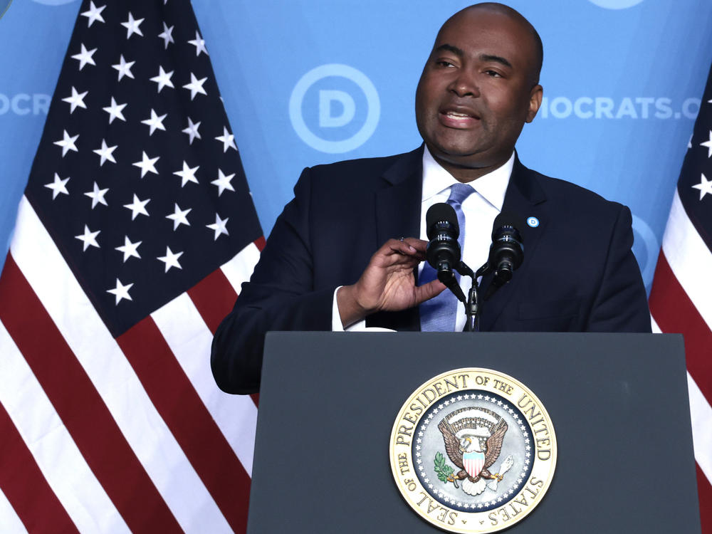 Democratic National Committee Chairman Jaime Harrison addresses the DNC Winter Meeting at the Washington Hilton Hotel on March 10, 2022 in Washington, DC.