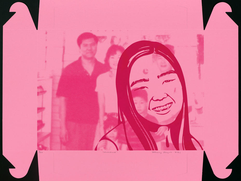 Michelle Sou in a silkscreened portrait on a donut box by artist Phung Huynh.