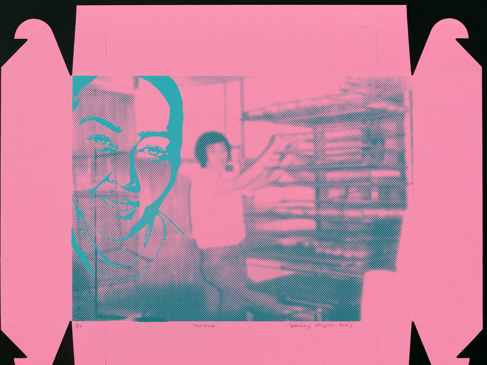 Ratana Kim in a silkscreened portrait on a pink donut box by artist Phung Huynh.