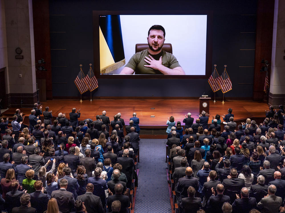 Ukrainian President Volodymyr Zelenskyy speaks to the U.S. Congress by video at the Capitol on March 16, 2022, to plead for support for his besieged country.