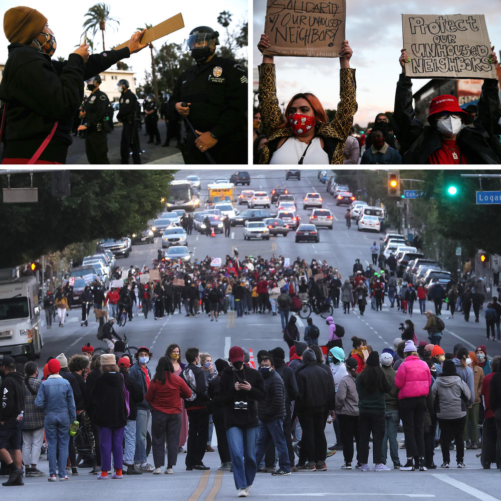 Protesters demonstrate on Sunset Boulevard against the removal of a homeless encampment at Echo Park Lake on March 25, 2021.