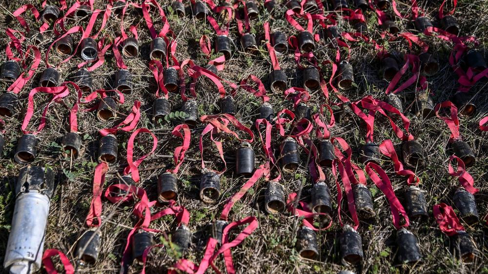 Unexploded cluster bombs are seen here in 2020, collected during the military conflict between Armenia and Azerbaijan over the breakaway region of Nagorno-Karabakh.
