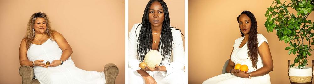 From left, Nichole 'Nykke' Straws, Abibat Durosimi and Marsha (last name withheld) hold fruit that is the size of their fibroids. The portraits were made for Hidden Fruit, an educational campaign launched by The White Dress Project and GladRags to highlight the experience of Black women dealing with fibroids.