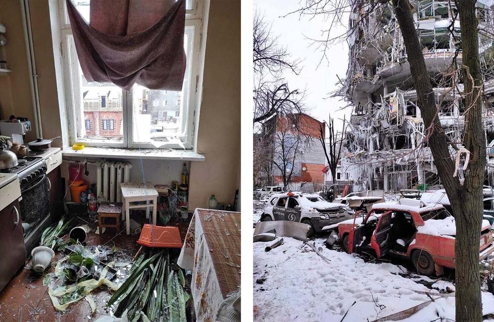 The view from inside the apartment of Dr. Tetiana Synenko, a TB specialist in Kharkiv, and a glimpse of the wreckage on her way to work. She's now living with 12 others in a nearby cellar.