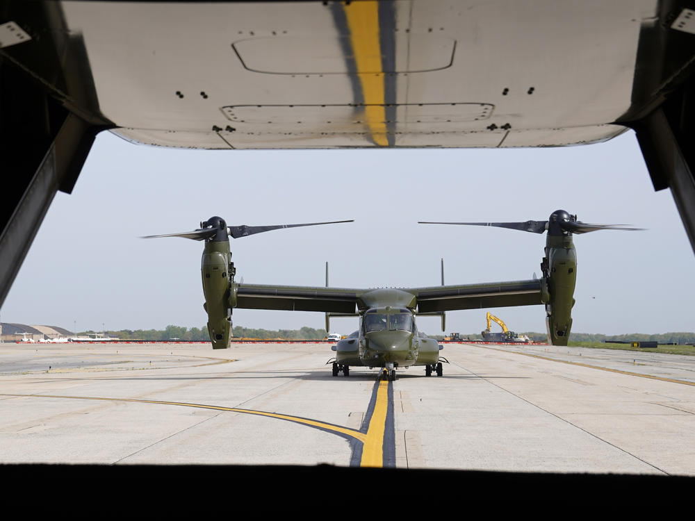 A U.S. Marine Corps Osprey aircraft taxies behind an Osprey carrying members of the White House press corps at Andrews Air Force Base, Md., on April 24, 2021. Four Marines were killed in in the crash of a V-22B Osprey in Norway, Norway's armed forces said.