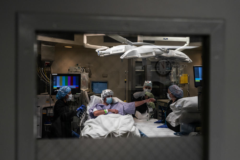 Kidney donor Michael Wingard is being prepared by medical professionals for kidney extraction surgery at Houston Methodist Hospital on March 1.