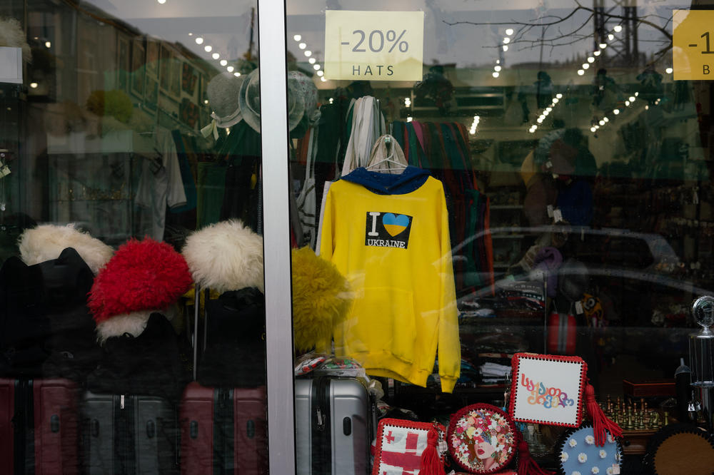 A pro-Ukraine shirt hangs in the window of a souvenir shop in downtown Tbilisi, Georgia.