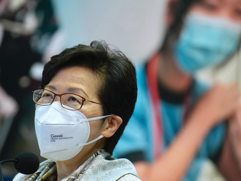 Hong Kong Chief Executive Carrie Lam listens to a reporter's question during a news conference in Hong Kong, on Monday.