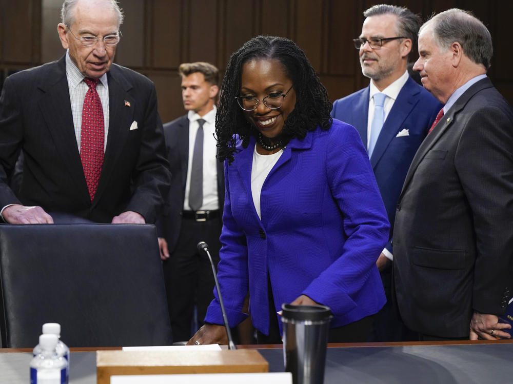 Supreme Court nominee Judge Ketanji Brown Jackson arrives for her confirmation hearing before the Senate Judiciary Committee on Monday.