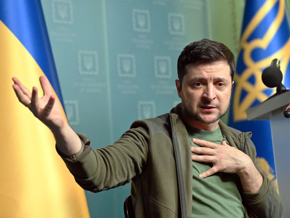 Ukrainian President Volodymyr Zelenskyy gestures as he speaks during a press conference in Kyiv on March 3, 2022.
